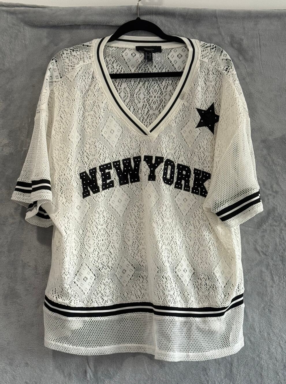Y2K Blokette Lace Mesh Jersey Top Women's 2X New York Rhinestone Forever 21 Plus
